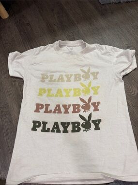 PLAYBOY White Tee with Stacked Earth-Tone Logos